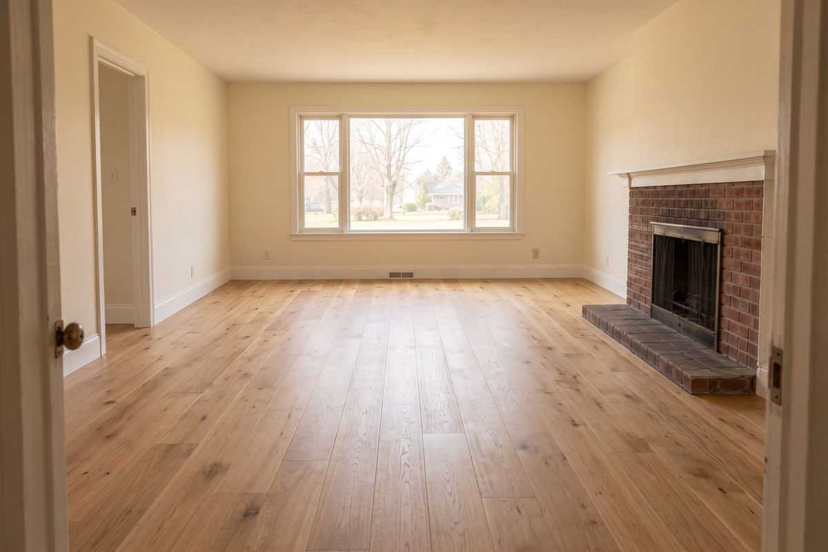 Stained living room carpet, now light wood-look plank, after the work