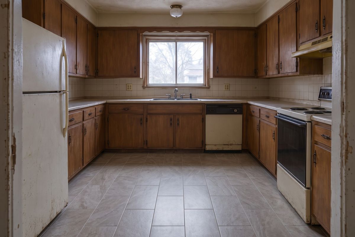 Peeling kitchen vinyl, now large-format tile, after the work