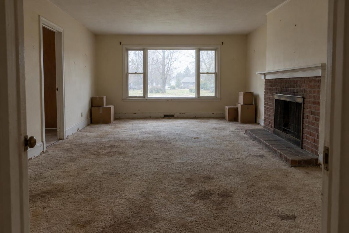 Stained living room carpet, now light wood-look plank, before