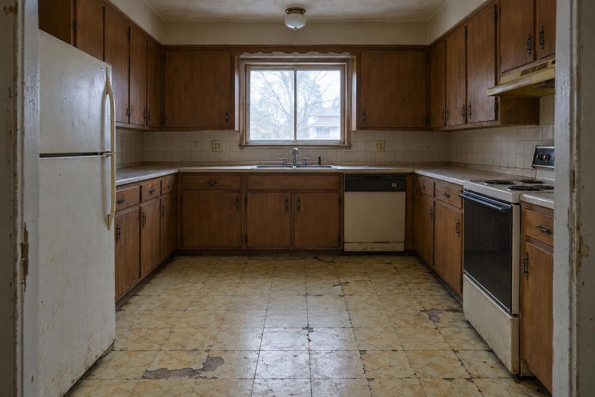 Peeling kitchen vinyl, now large-format tile, before